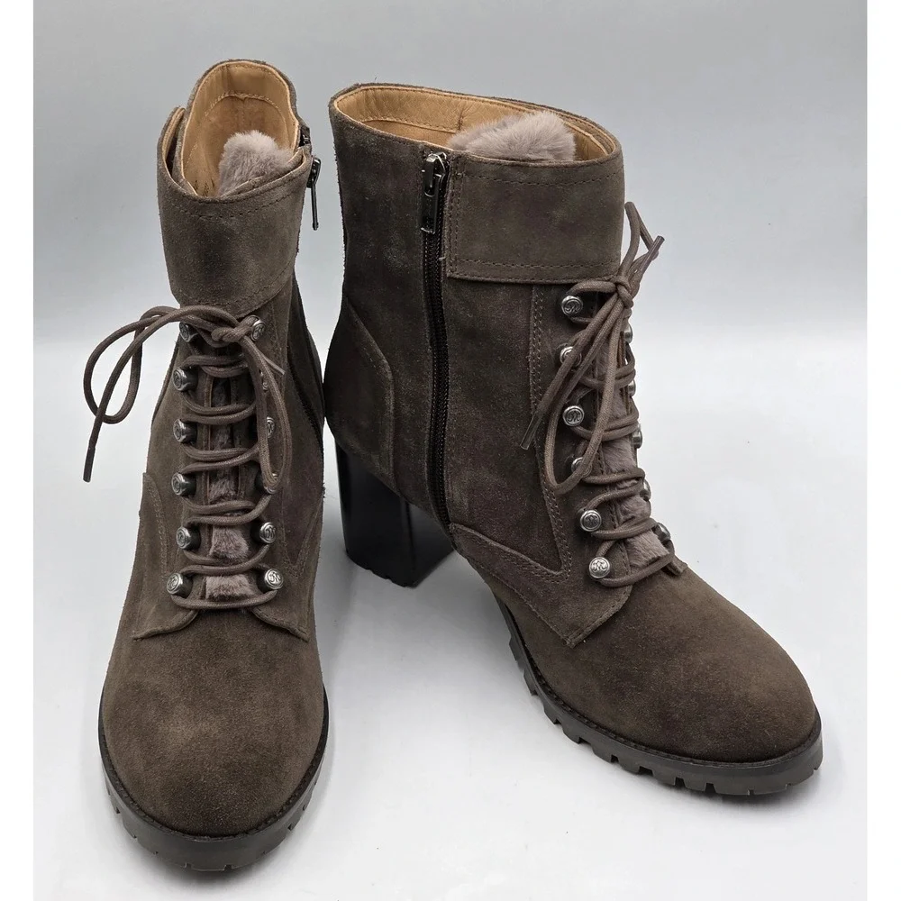 Johnston Murphy Suede Fur Lined Lace Up Block Heel Ankle Boots Women's 8.5M